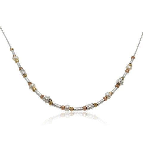 ISRAELI MADE SILVER,GOLD FILLED & PEARL BEADED NECKLACE