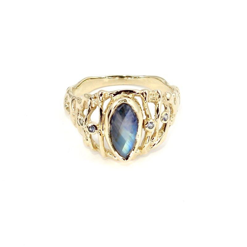 LABRADORITE AND SAPPHIRE 14Kt YELLOW GOLD RING
