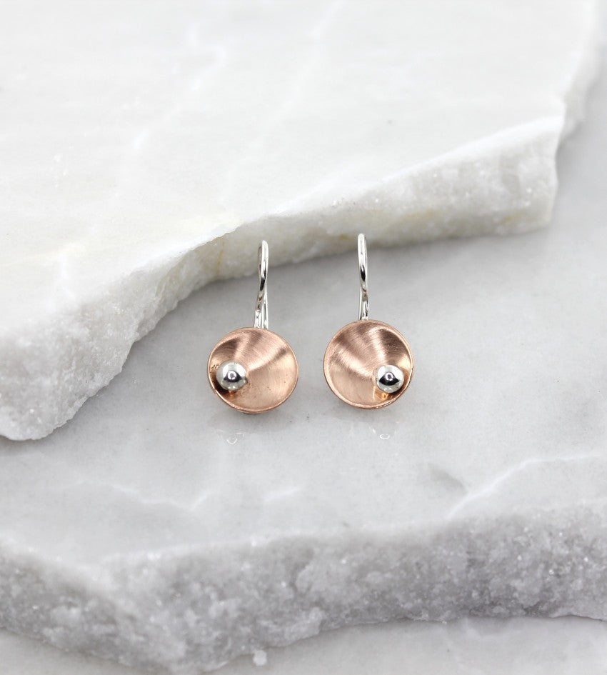 MEXICAN MADE COPPER CONCAVE CIRCLE EARRINGS WITH SILVER BALL 