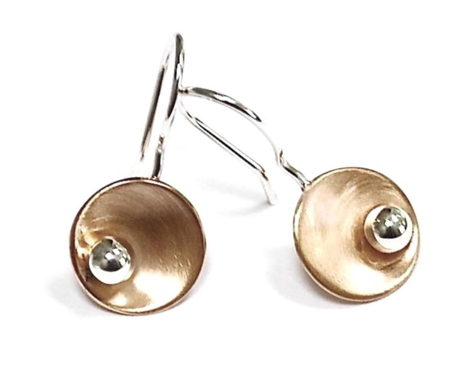 MEXICAN MADE COPPER CONCAVE CIRCLE EARRINGS WITH SILVER BALL 