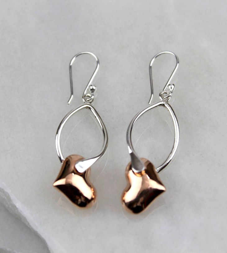 MEXICAN HANDMADE SILVER & COPPER HEART DROP EARRINGS 