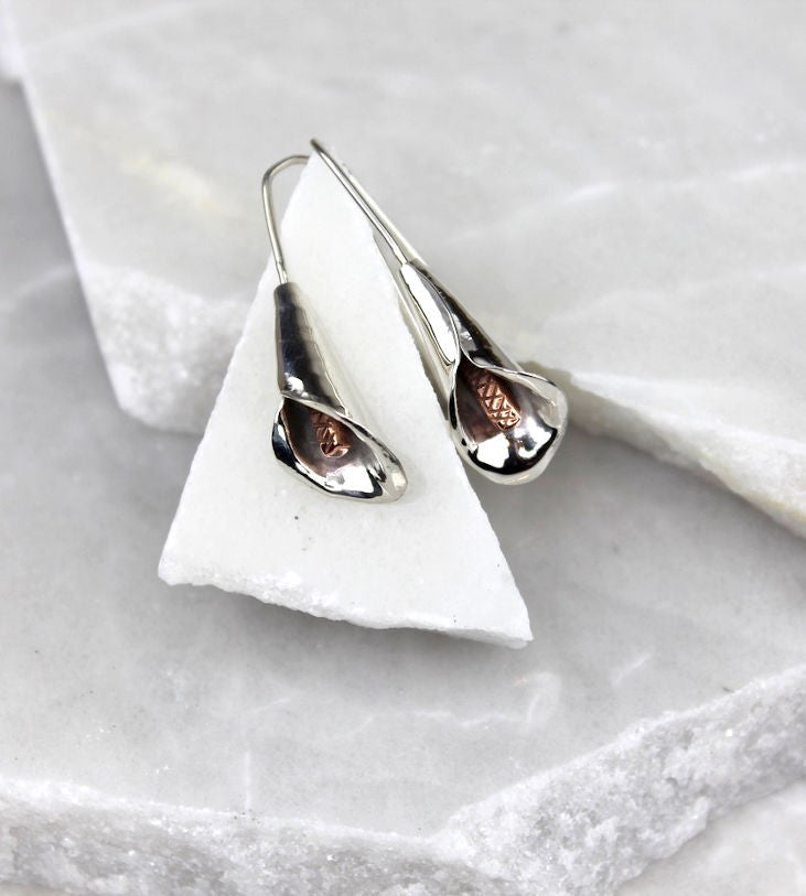 MEXICAN HANDMADE SILVER & COPPER LILY DROP EARRINGS 