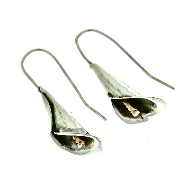 MEXICAN HANDMADE SILVER & COPPER LILY DROP EARRINGS 