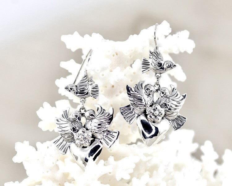 SILVER BIRDS W/ HEART ON HOOK MEXICAN EARRINGS