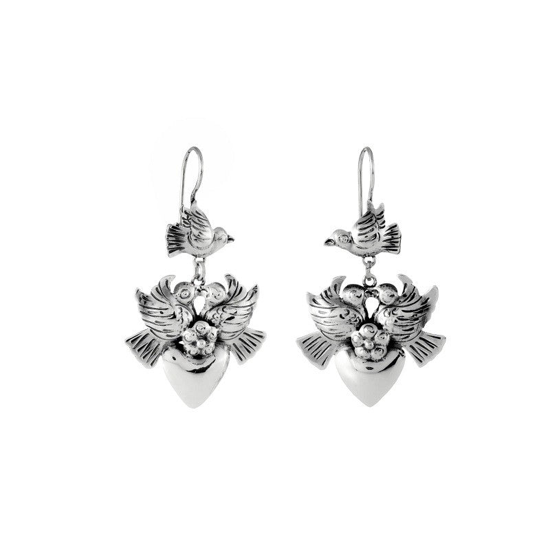 SILVER BIRDS W/ HEART ON HOOK MEXICAN EARRINGS