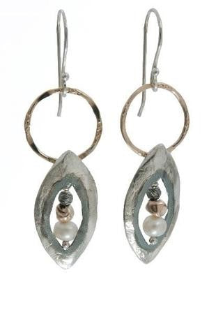 ISRAELI MADE SILVER, GOLD FILLED, BLACK RODUIM & PEARL DROP EARRINGS