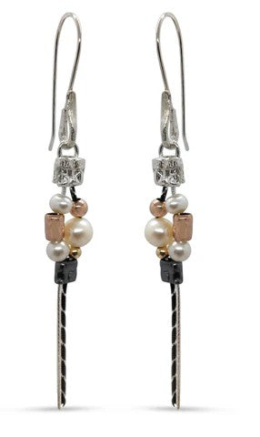 ISRAELI  GOLD FILLED & OXIDISED WITH PEARL, TASSELS ISRAELI  EARRINGS 