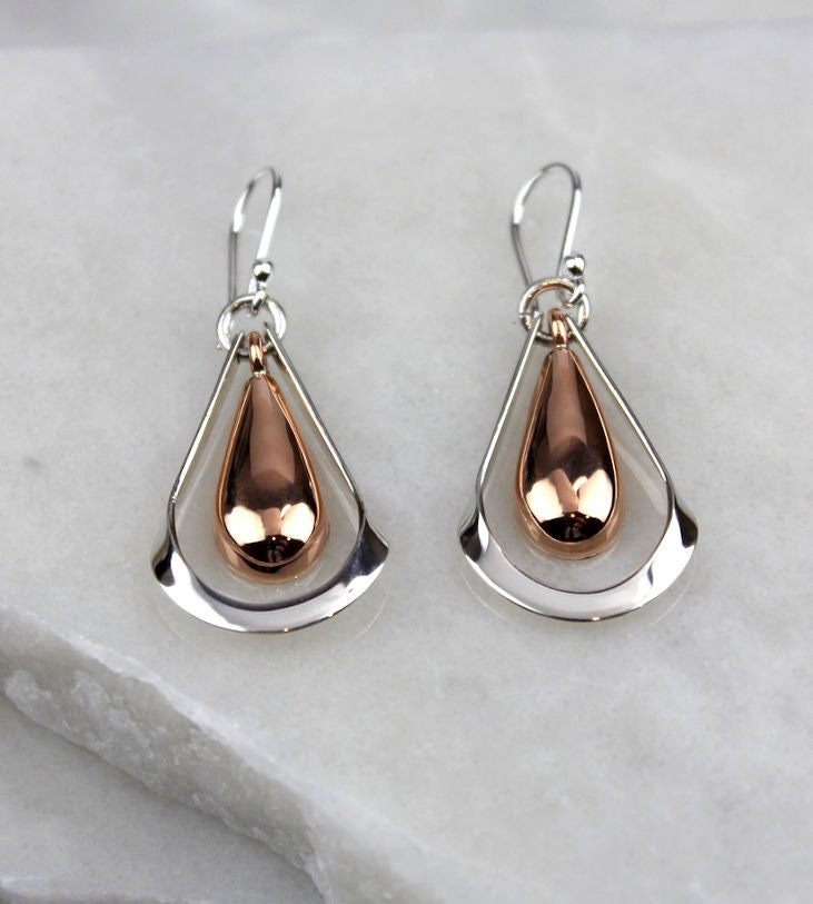 MEXICAN SILVER & COPPER HAND MADE DOUBLE DROP EARRINGS 