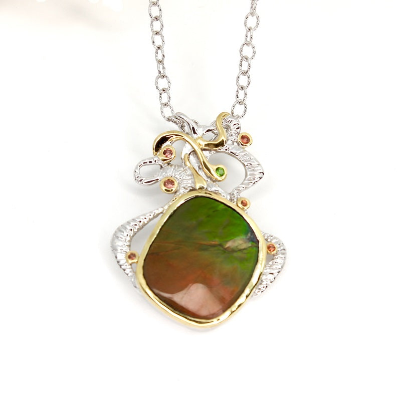 AMMOLITE, GREEN CHROME DIOPSIDE & ORANGE SAPPHIRE SILVER NECKLACE