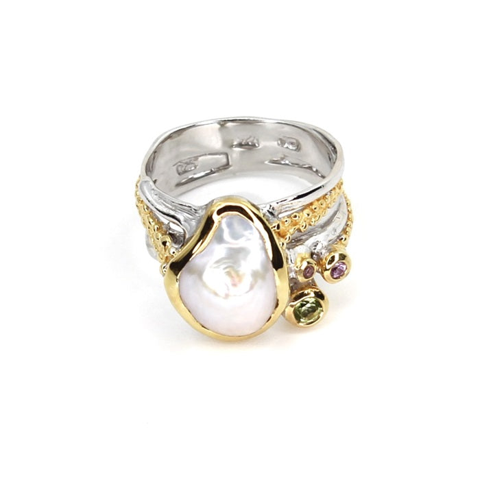  PEARL, PERIDOT & PINK SAPPHIRE SILVER RING