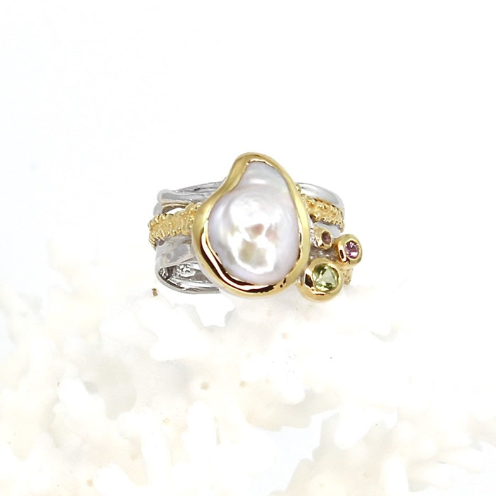  PEARL, PERIDOT & PINK SAPPHIRE SILVER RING