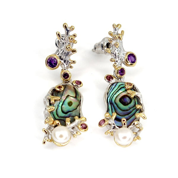 ABALONE PAUA SHELL, PEARL, AMETHYST & SAPPHIRE SILVER STUD EARRING DROPS