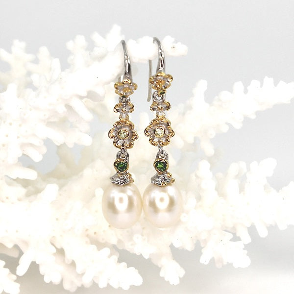 PEARL PERIDOT & GREEN CHROME DIOPSIDE FLOWER DROP EARRINGS