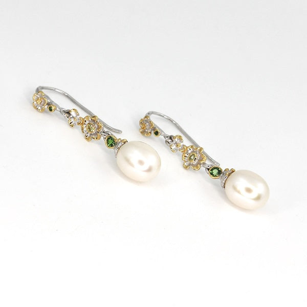 PEARL PERIDOT & GREEN CHROME DIOPSIDE FLOWER DROP EARRINGS