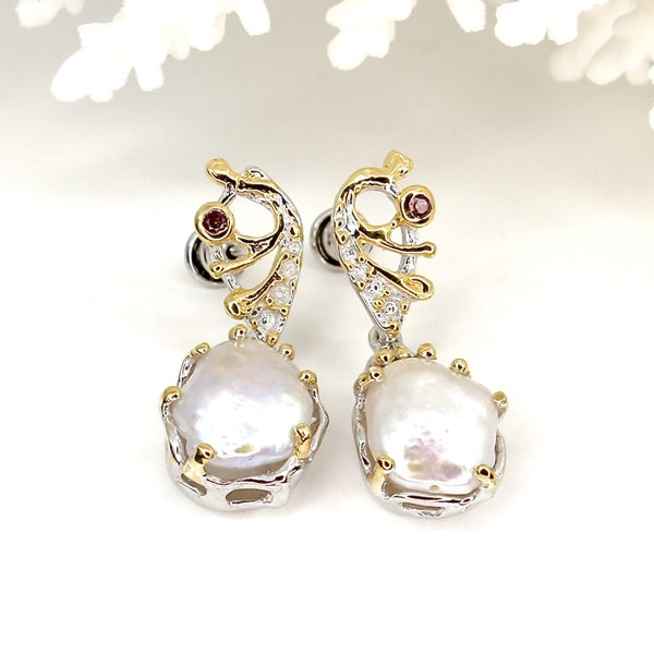 KESHI PEARL & RHODOLITE GARNET STUD EARRINGS