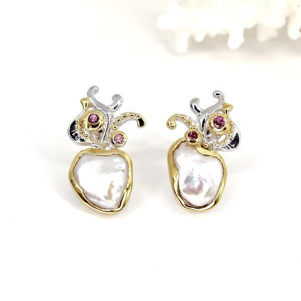 KESHI PEARLS WITH RHODOLITE STUD EARRINGS