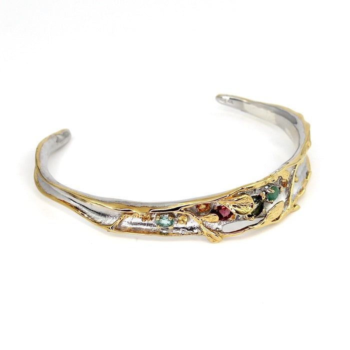 EMERALD, SAPPHIRE, GREEN & PINK TOURMALINE SILVER CUFF