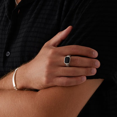 NAJO NAVIGATOR MENS SILVER BLACK ONYX RING