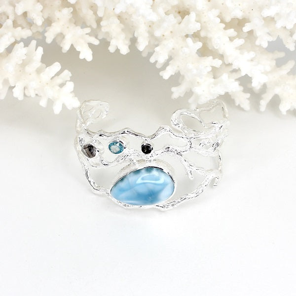 LARIMAR, HERKIMER DIAMOND, TANZANITE & TOPAZ CORAL SILVER CUFF