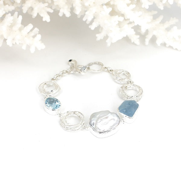 PEARL, RAW AQUA & BLUE TOPAZ SILVER SWIRL BRACELET