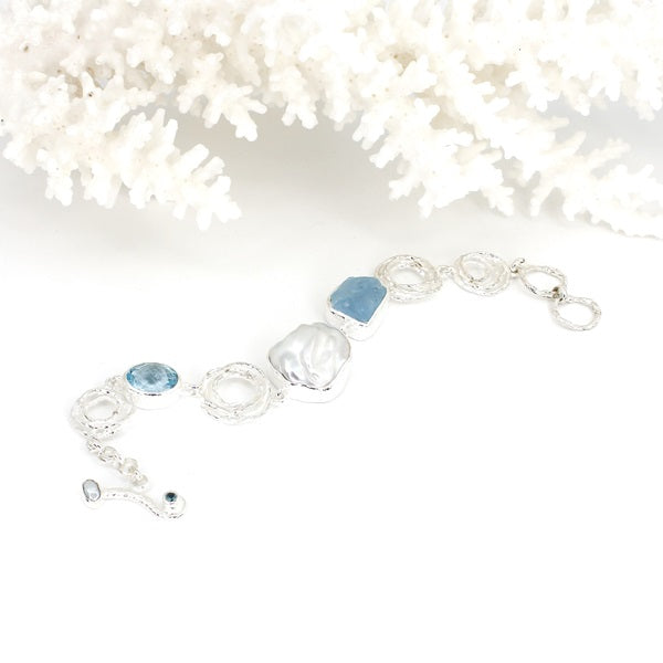 PEARL, RAW AQUA & BLUE TOPAZ SILVER SWIRL BRACELET