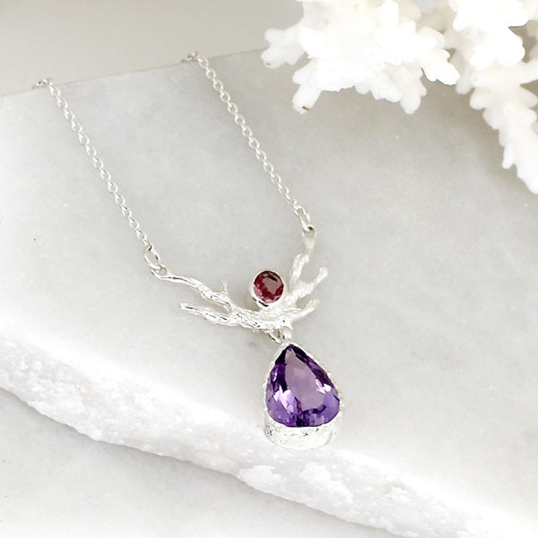 AMETHYST & PINK TOURMALINE CORAL SILVER NECKLACE