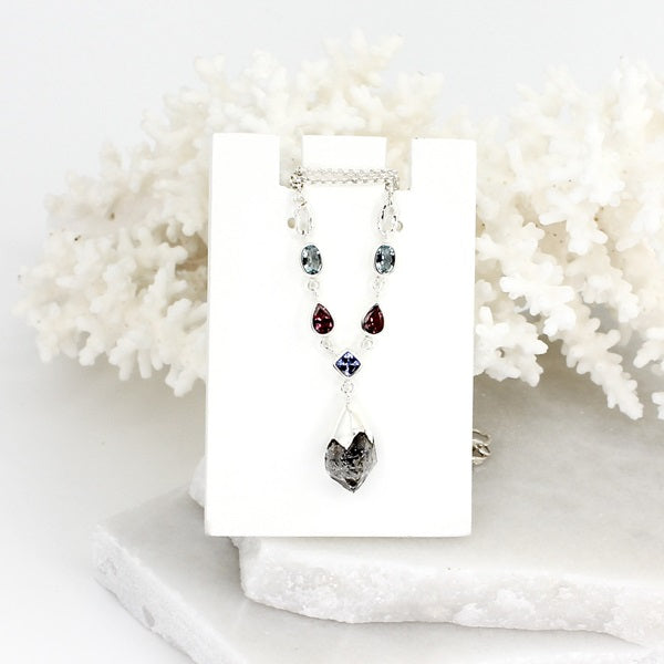 HERKIMER DIAMOND, TANZANITE, GARNET & TOPAZ SILVER NECKLACE