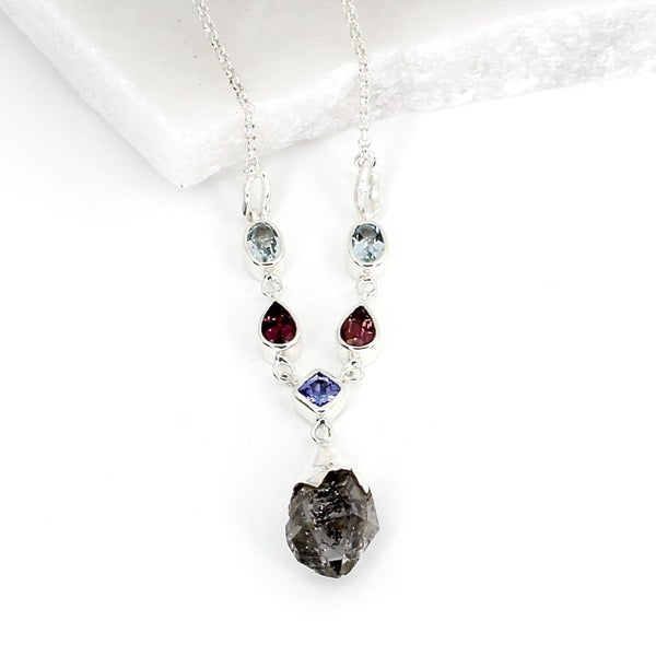 HERKIMER DIAMOND, TANZANITE, GARNET & TOPAZ SILVER NECKLACE