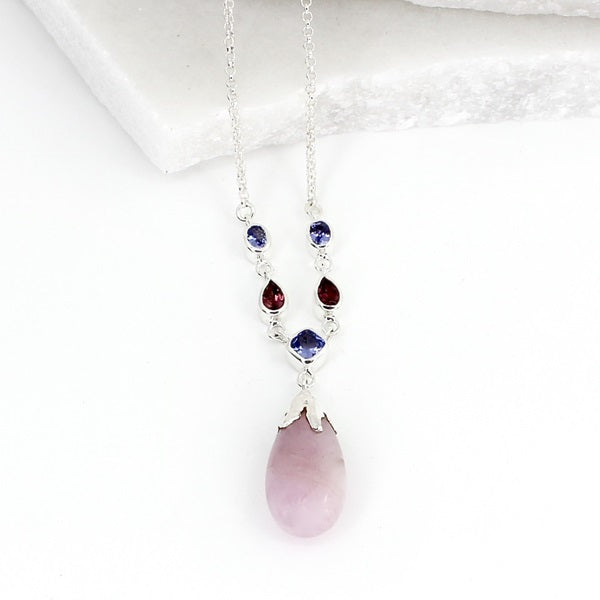 KUNZITE, TANZANITE & GARNET SILVER NECKLACE