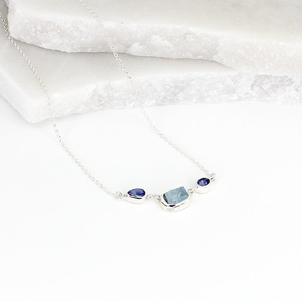 RAW AQUAMARINE & TANZANITE SILVER NECKLACE