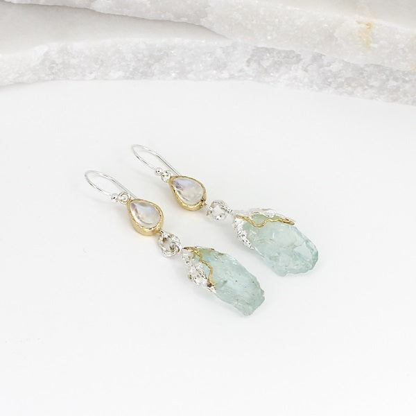 MOONSTONE & RAW AQUAMIRINE DROP EARRINGS