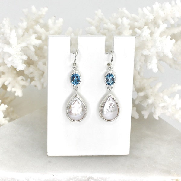 BLUE TOPAZ & PEARL DROP EARRINGS