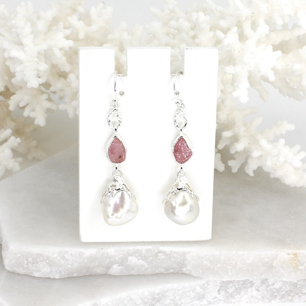 RAW PINK TOURMALINE & PEARL SILVER DROP EARRINGS