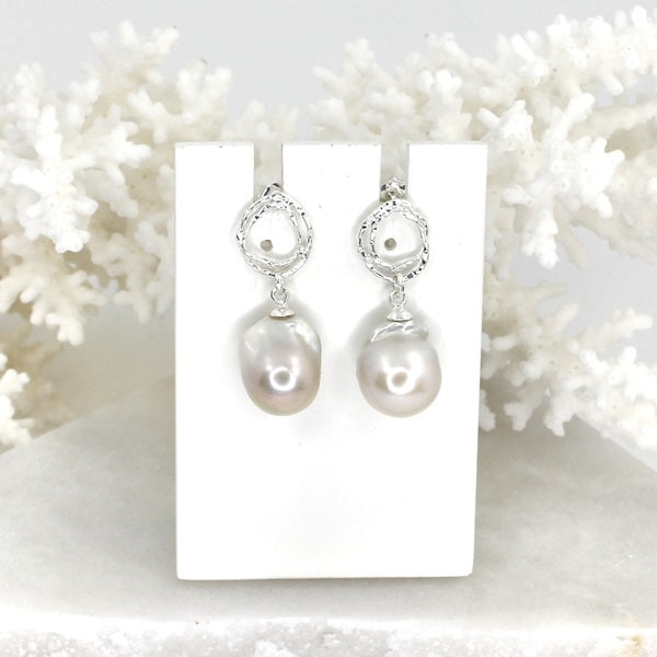 PEARL SILVER STUD SWIRL DROP EARRINGS