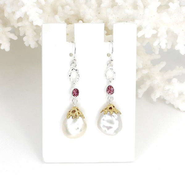 PINK TOURMALINE & PEARL SILVER GOLD PLATED DROP EARRINGS