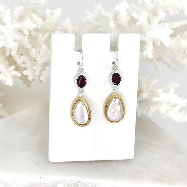 RHODOLITE GARNET & PEARL SILVER GOLD PLATED EARRING DROP