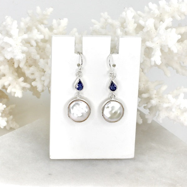 TANZANITE & PEARL SILVER EARRING DROP