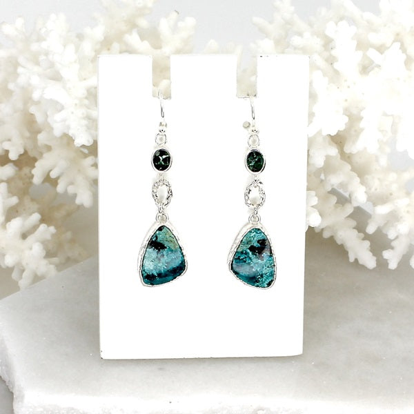 TURQUOISE & GREEN TOURMALINE SILVER EARRING DROP