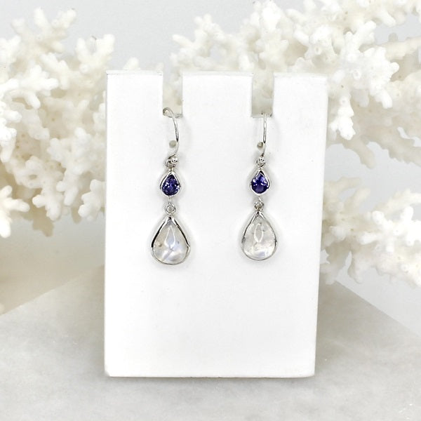 MOONSTONE & TANZANITE SILVER EARRING DROPS.