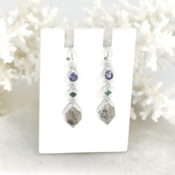 HERKIMER DIAMOND, EMERALD & TANZANITE SILVER EARRING DROPS