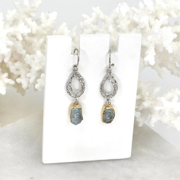 RAW AQUAMARINE GOLD PLATED SILVER SWIRL EARRING DROPS