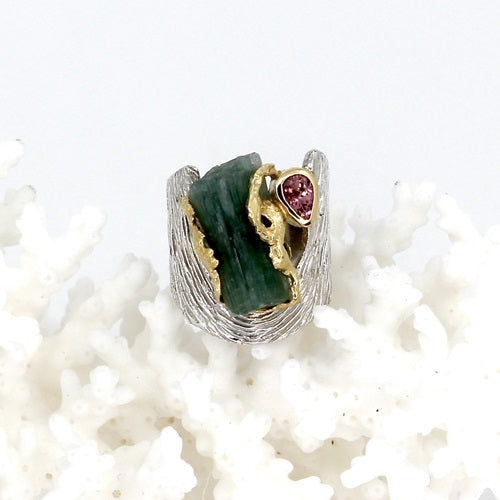 RAW GREEN TOURMALINE & PINK TOURMALINE SILVER RING