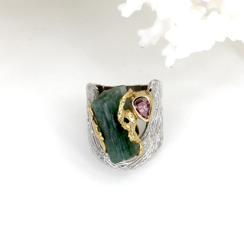 RAW GREEN TOURMALINE & PINK TOURMALINE SILVER RING