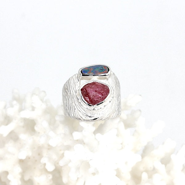 RAW PINK TOURMALINE & OPAL SILVER RING