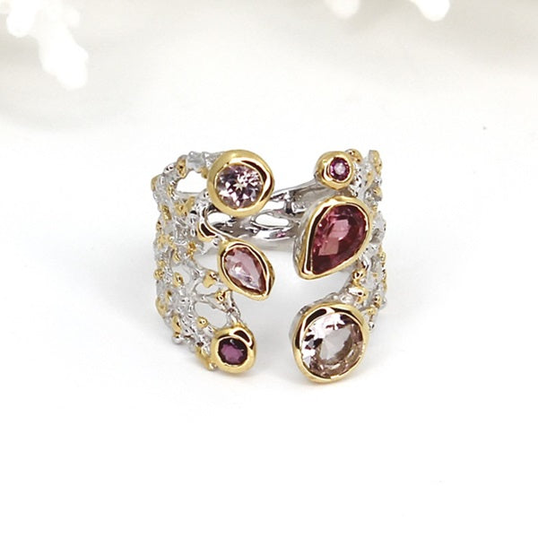 MULTIPLE PINK TOURMALINE & RHODOLITE CORAL SILVER RING