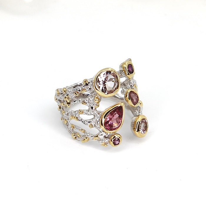 MULTIPLE PINK TOURMALINE & RHODOLITE CORAL SILVER RING