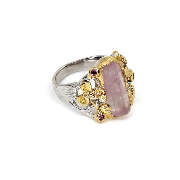 ROUGH PINK TOURMALINE & RHODOLITE GARNET SILVER RING