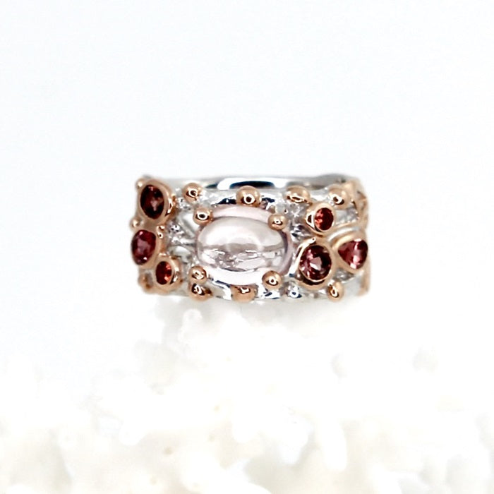 ROSE QUARTZ, PINK TOURMALINE & VIVID ORANGE SAPPHIRE SILVER RING