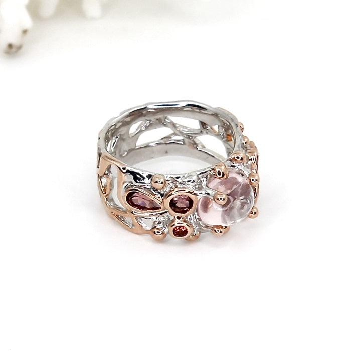 ROSE QUARTZ, PINK TOURMALINE & VIVID ORANGE SAPPHIRE SILVER RING