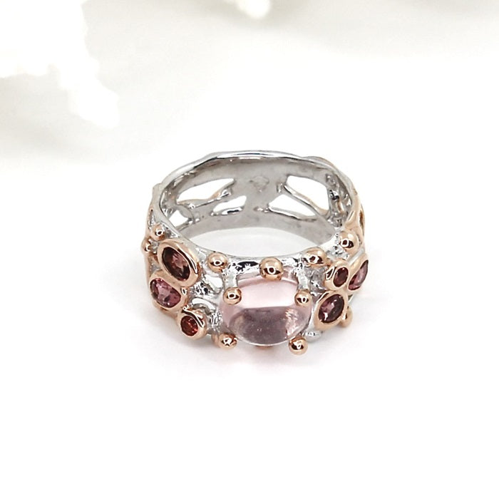 ROSE QUARTZ, PINK TOURMALINE & VIVID ORANGE SAPPHIRE SILVER RING